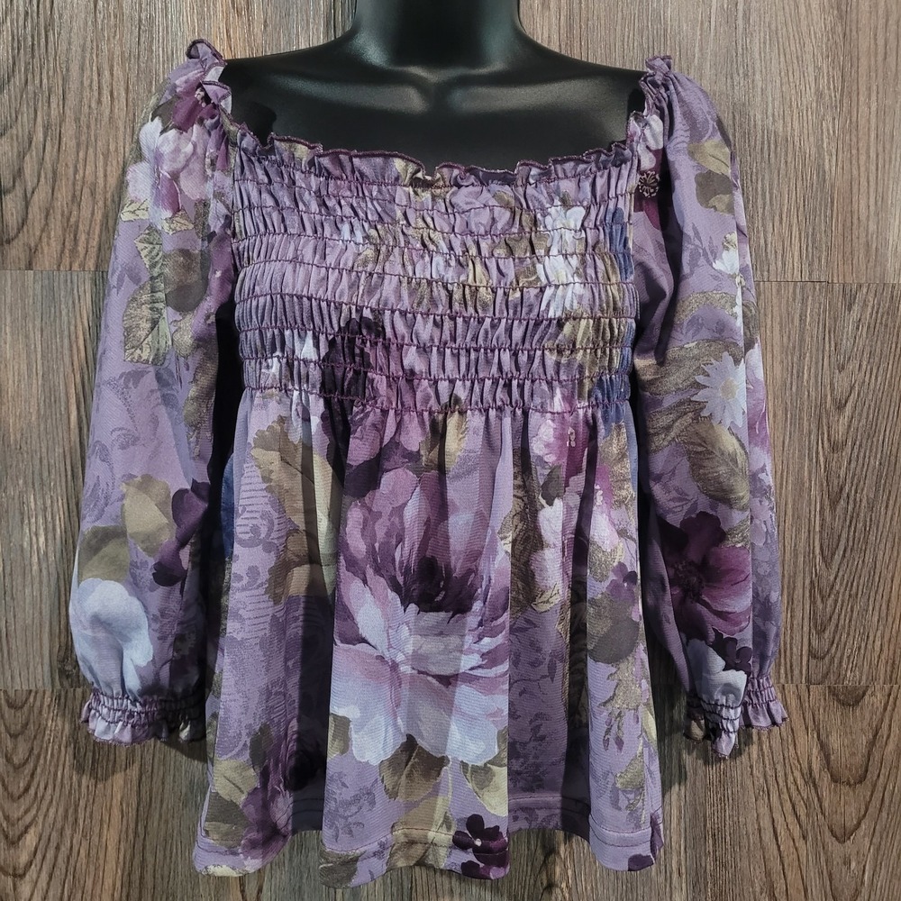 Peace on Earth Y2K Babydoll Crop Top Sz M Purple Floral Smocked Fairy Whimsical